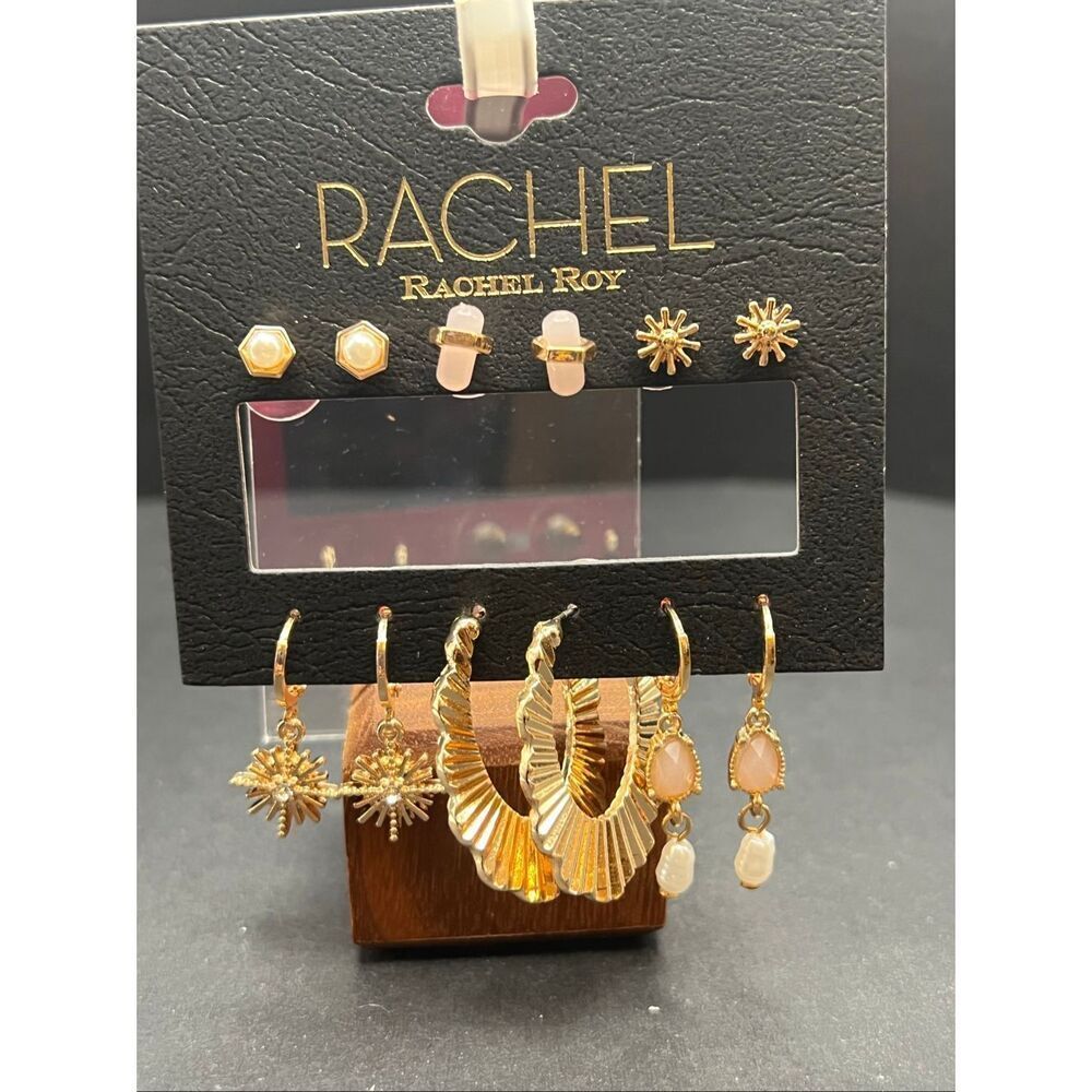 RACHEL Rachel Roy Gold Tone Faux Pearl Pink Stone Stud Hoop Multi Earring Set